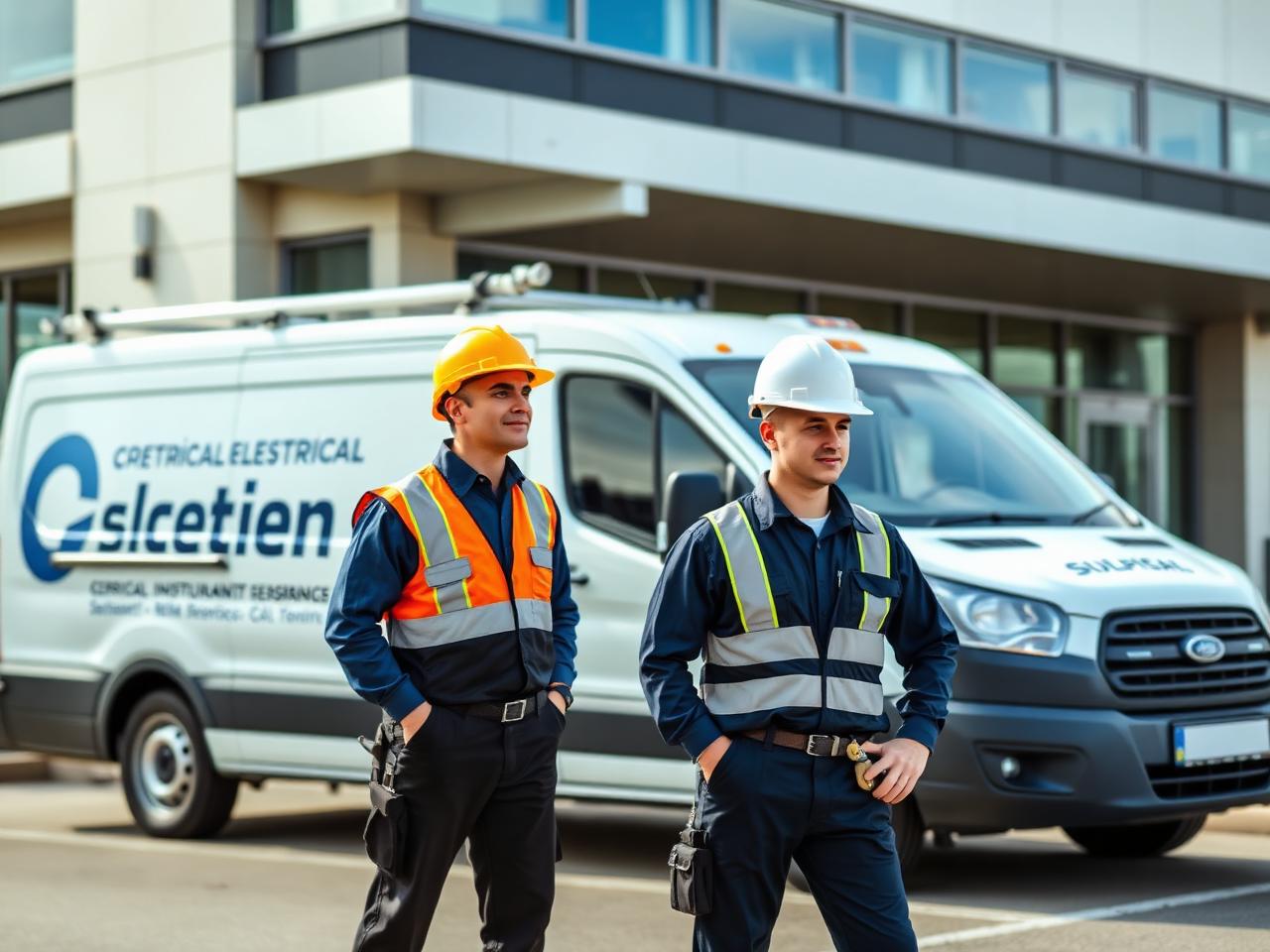 Commercial electrical crew in matching uniforms beside a service van outside a commercial building