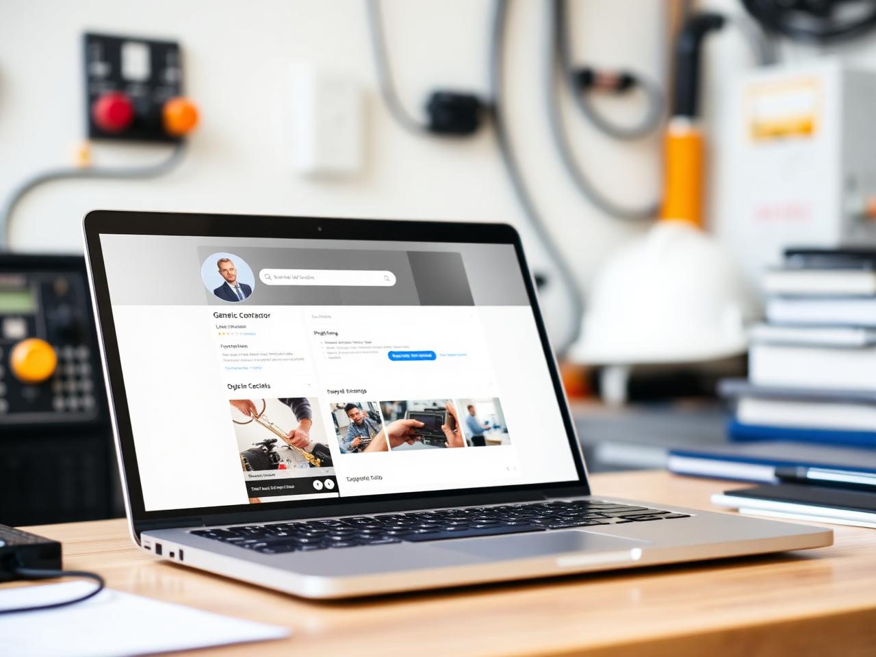 Laptop on a workshop desk showing a business social profile page