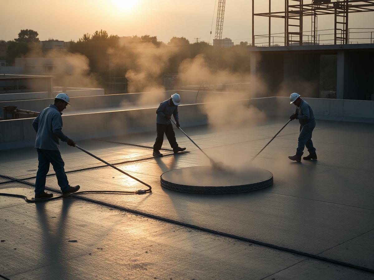 Concrete crew finishing a freshly poured slab at sunrise