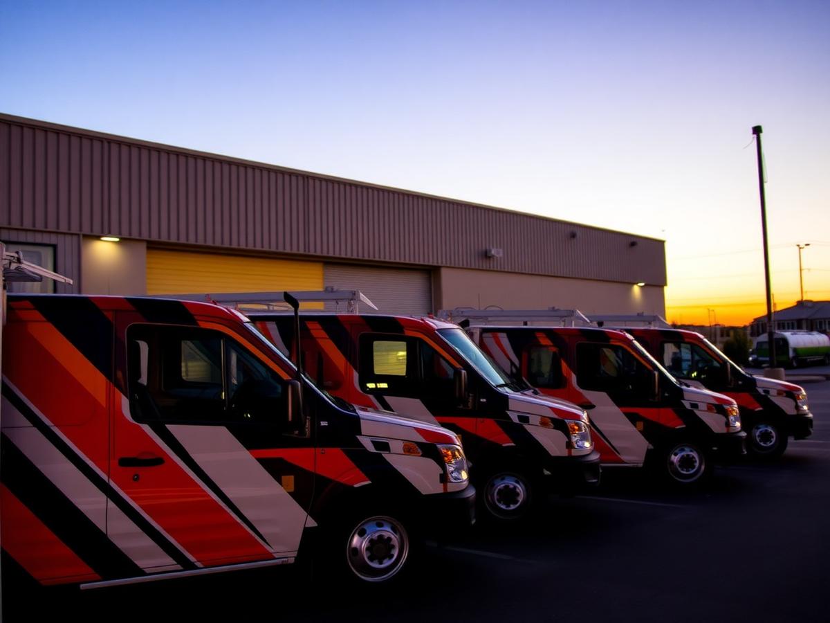 Row of matching wrapped work trucks parked outside a contractor shop