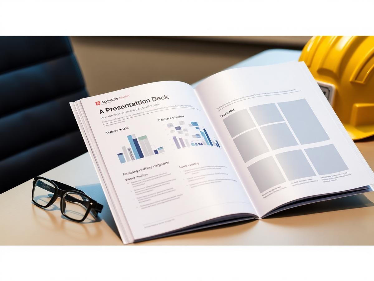 Printed presentation deck open on a conference table beside a hard hat