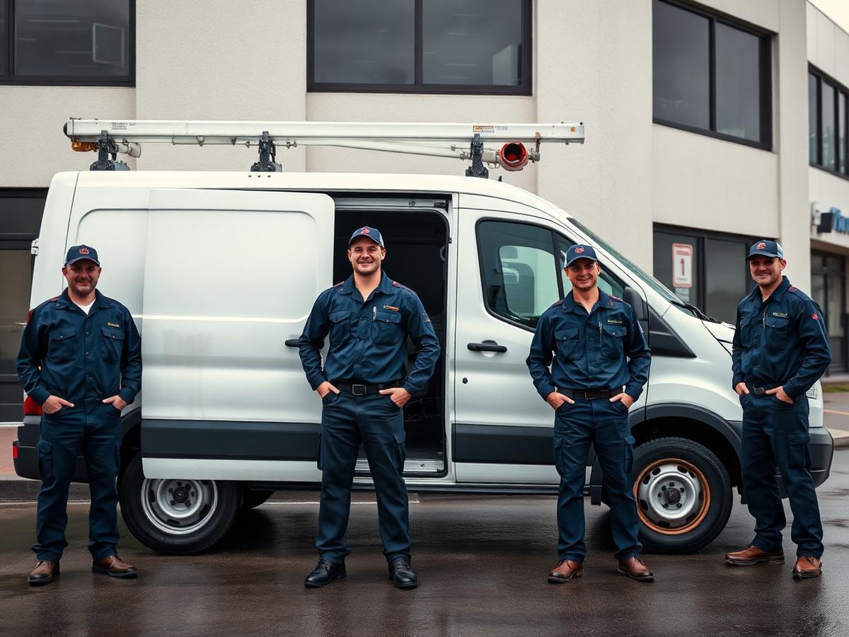 Electrical contractor crew standing beside a service van outside a commercial building