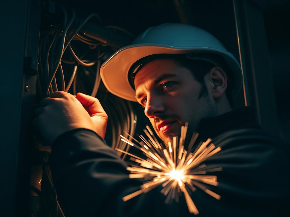 Electrician working inside an industrial electrical panel
