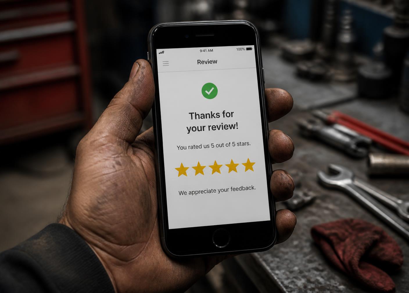 A tradesman holding a phone showing a completed five star review