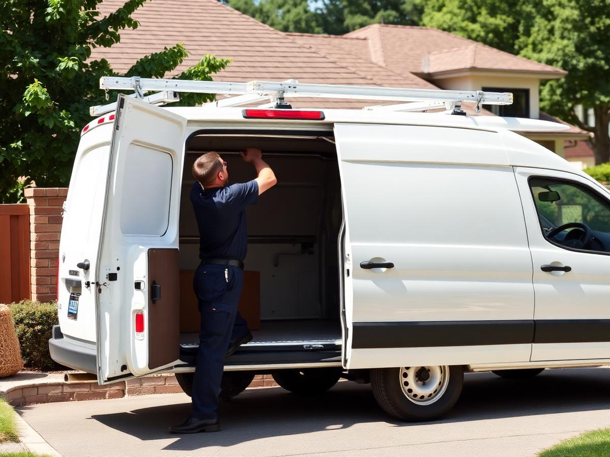 Garage door technician working from a service van in a suburban driveway