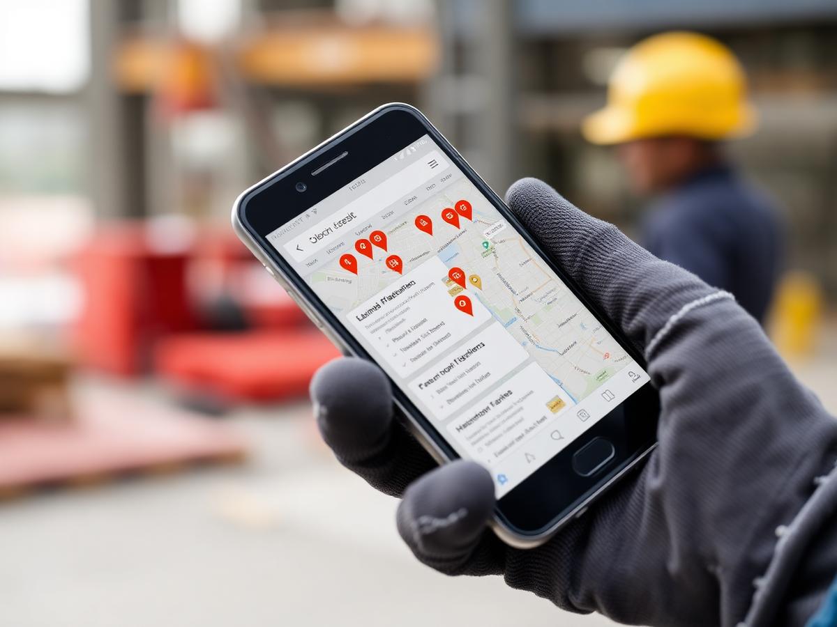 Gloved hand holding a phone showing local map search results