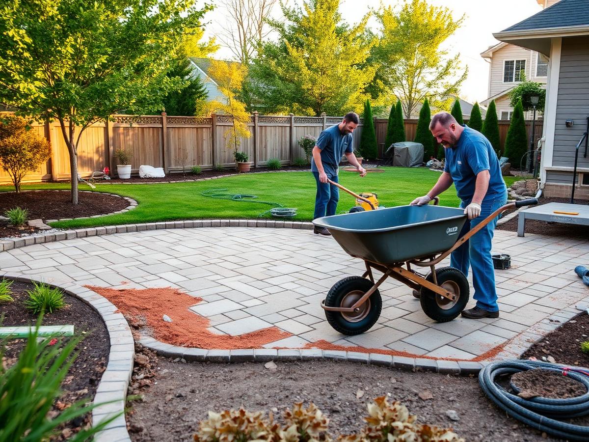 Landscaping crew installing a paver patio in a backyard