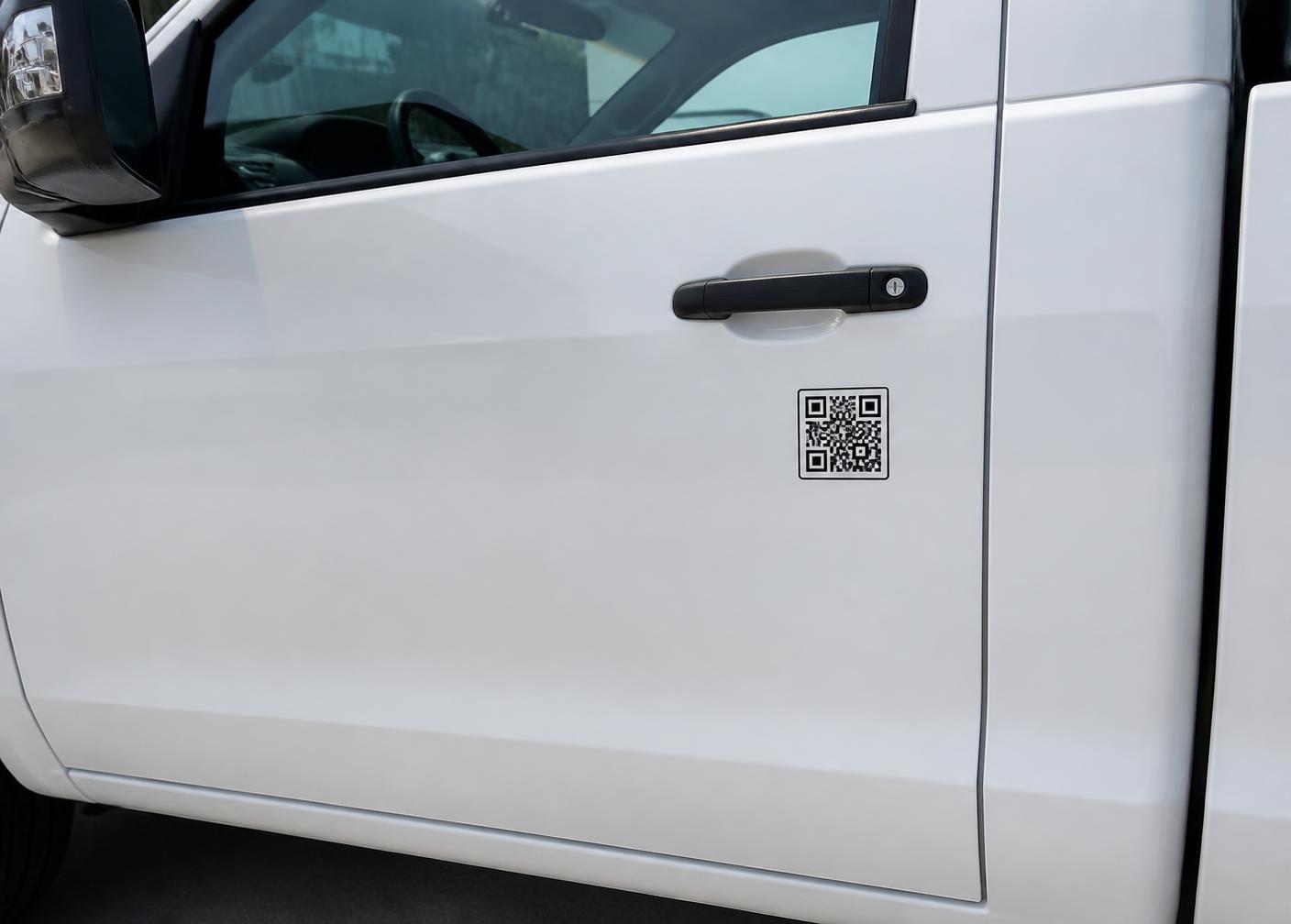 Contractor truck door with a review QR code sticker next to the handle