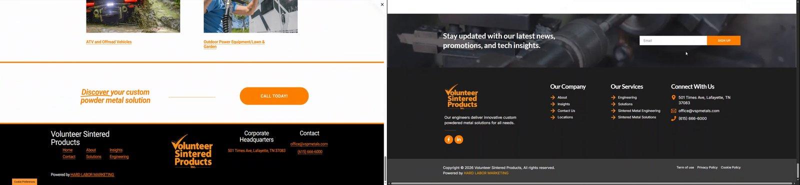 Side by side comparison of the Volunteer Sintered Products closing call to action and footer before and after the rebuild