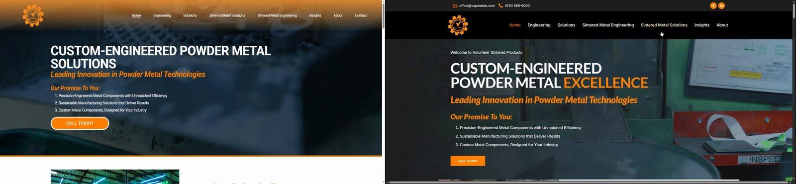 Side by side comparison of the Volunteer Sintered Products homepage hero before and after the rebuild