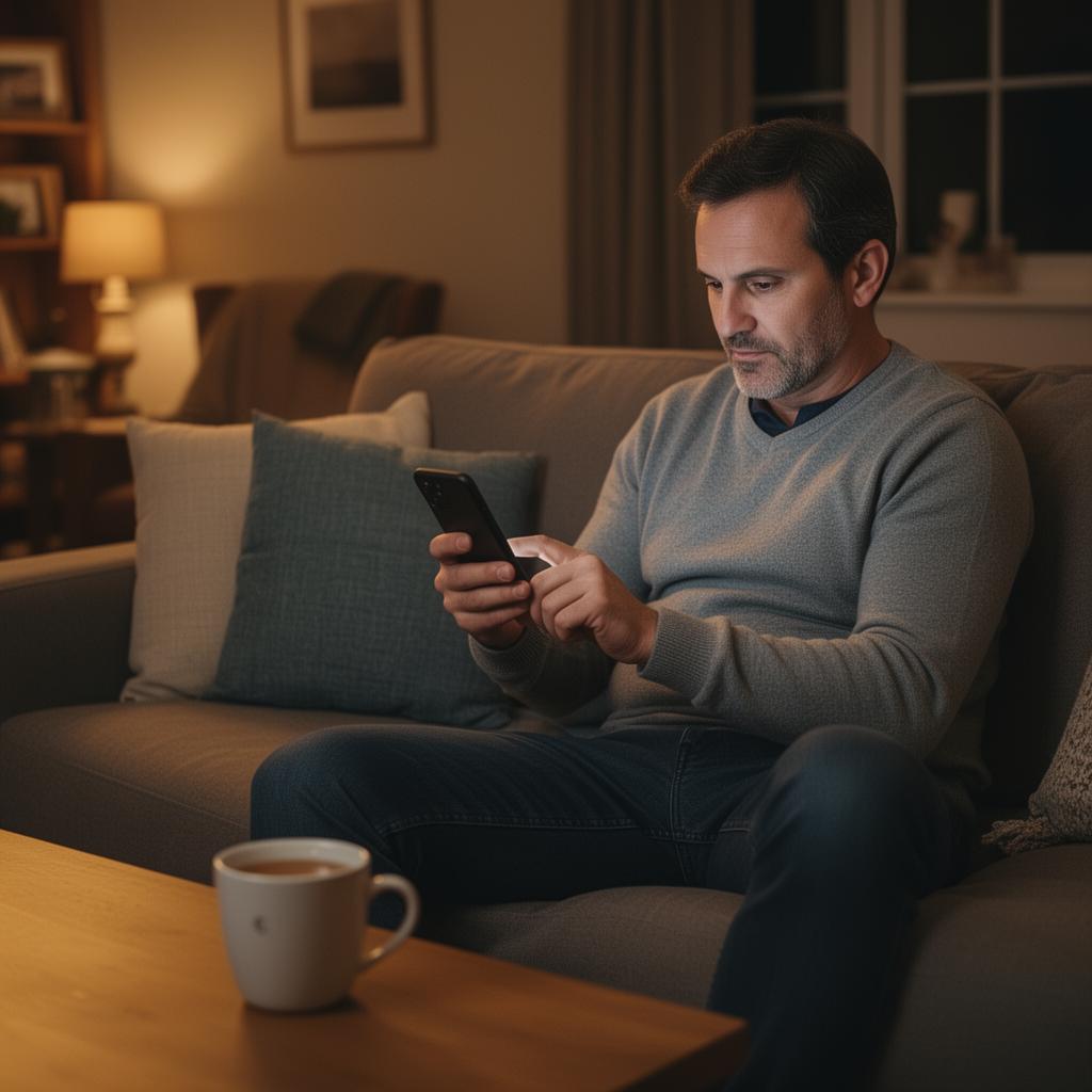 Homeowner on a couch typing a Google review on a phone in the evening