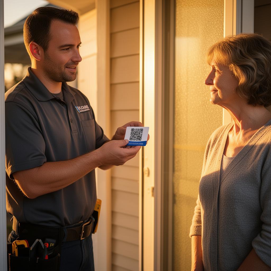 HVAC technician handing a homeowner a leave-behind card with a QR code